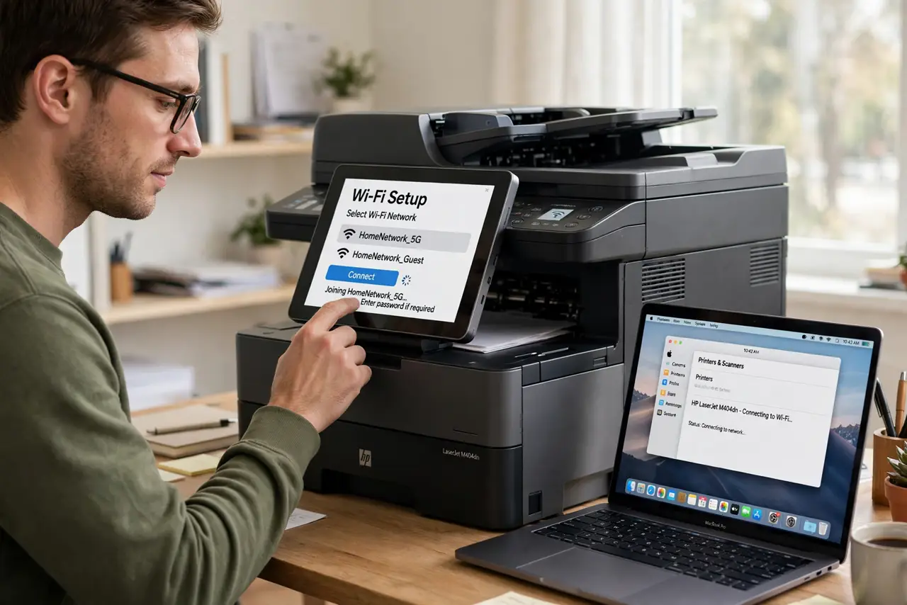 A person performing the first step: Connect the printer to your network. Use the printer's own screen to join your.
