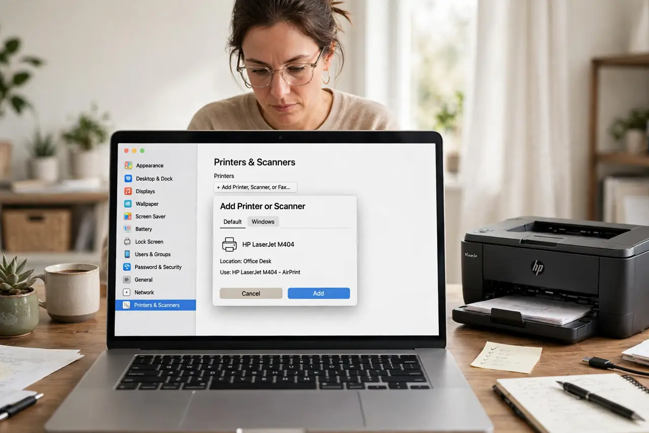 A person adding a printer on a MacBook, the screen showing Printers and Scanners settings with an add dialog legible, a