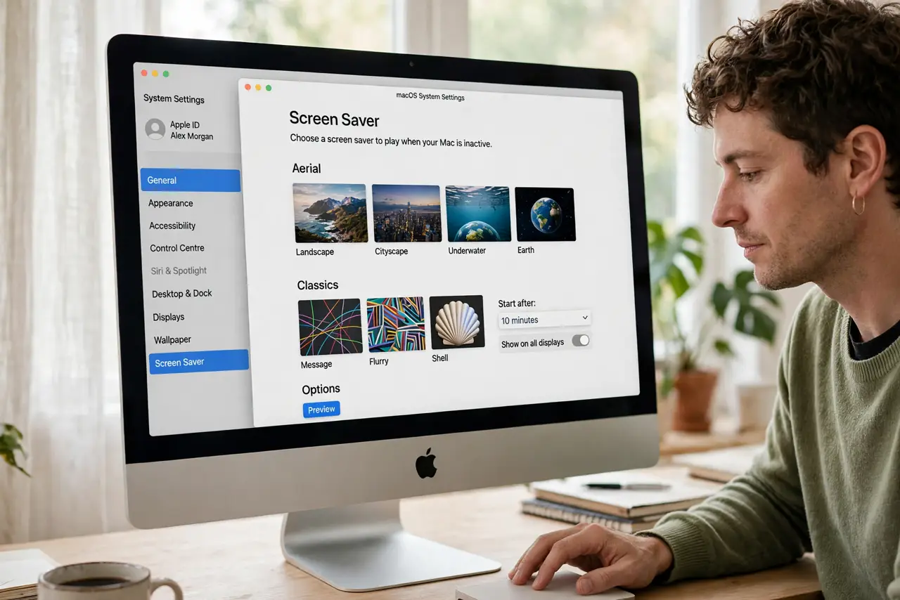 A person performing step 1: Open the Screen Saver settings. Go to System Settings and choose Screen Saver. The gallery includes the aerial.
