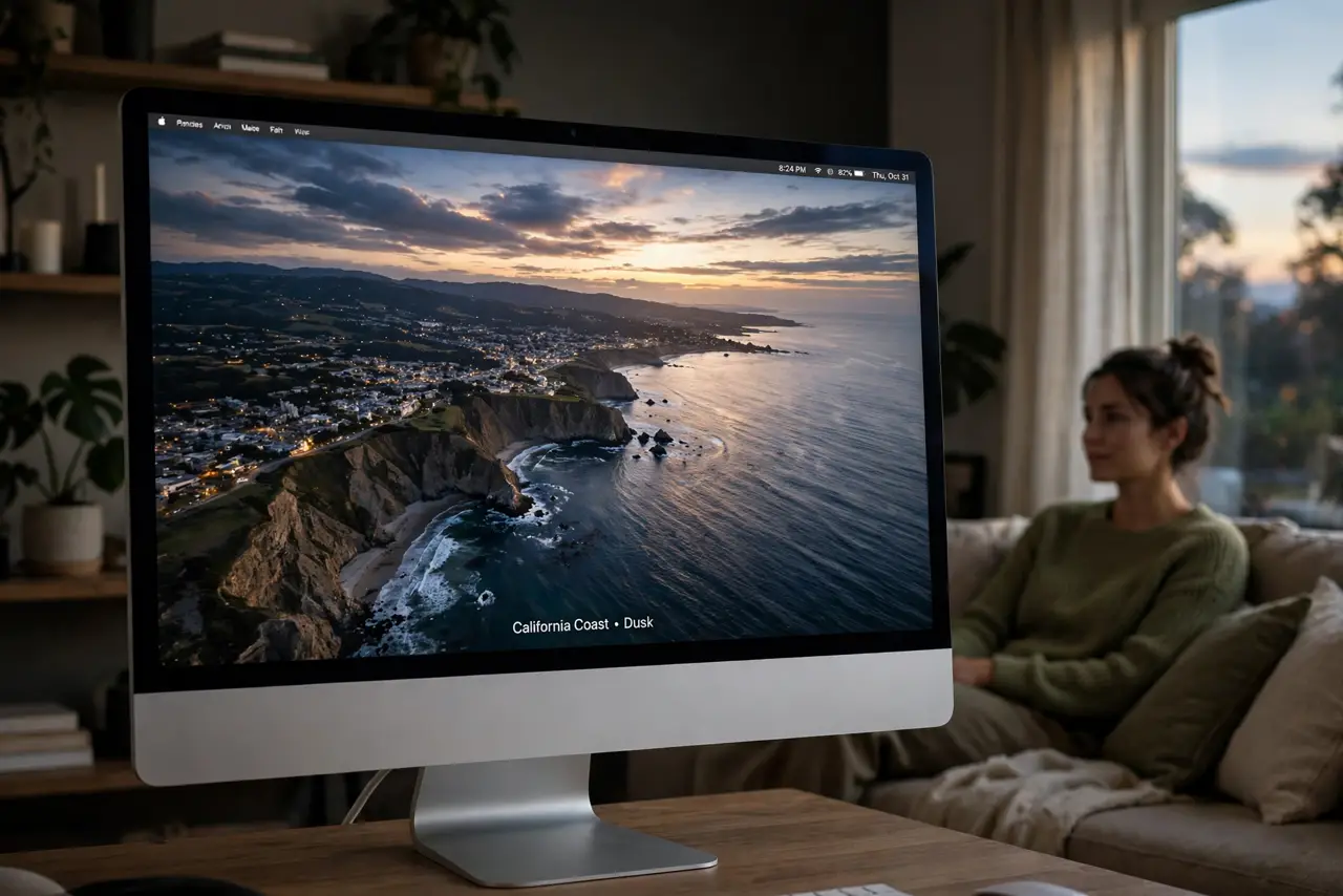 A real Mac in a dim room showing a stunning legible aerial screensaver of a coastline at dusk, a person watching from the couch with a relaxed face,.