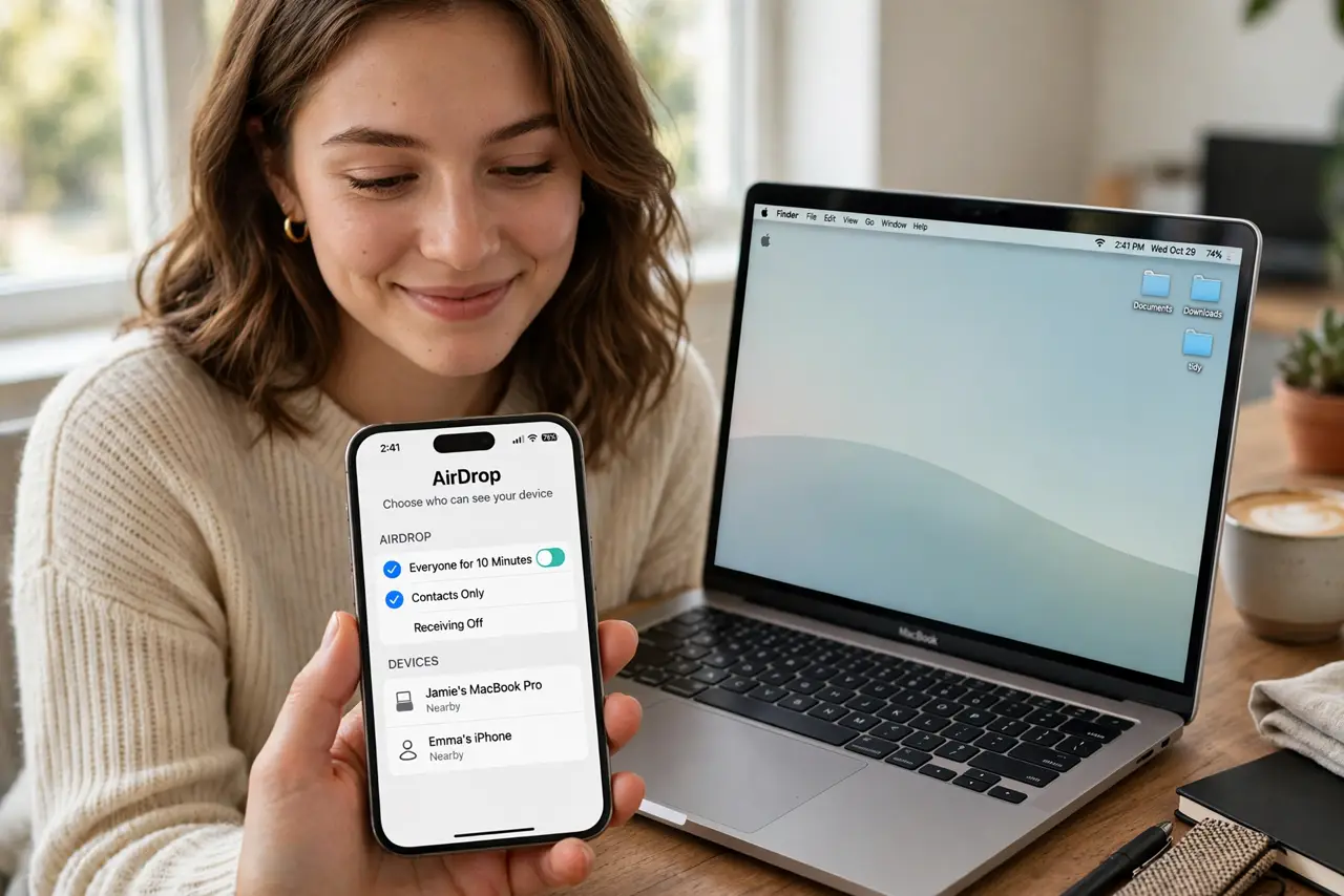 A person looking at a real iPhone showing the AirDrop device list with a newly renamed Mac name fully legible, a real MacBook beside them, the person's face satisfied.
