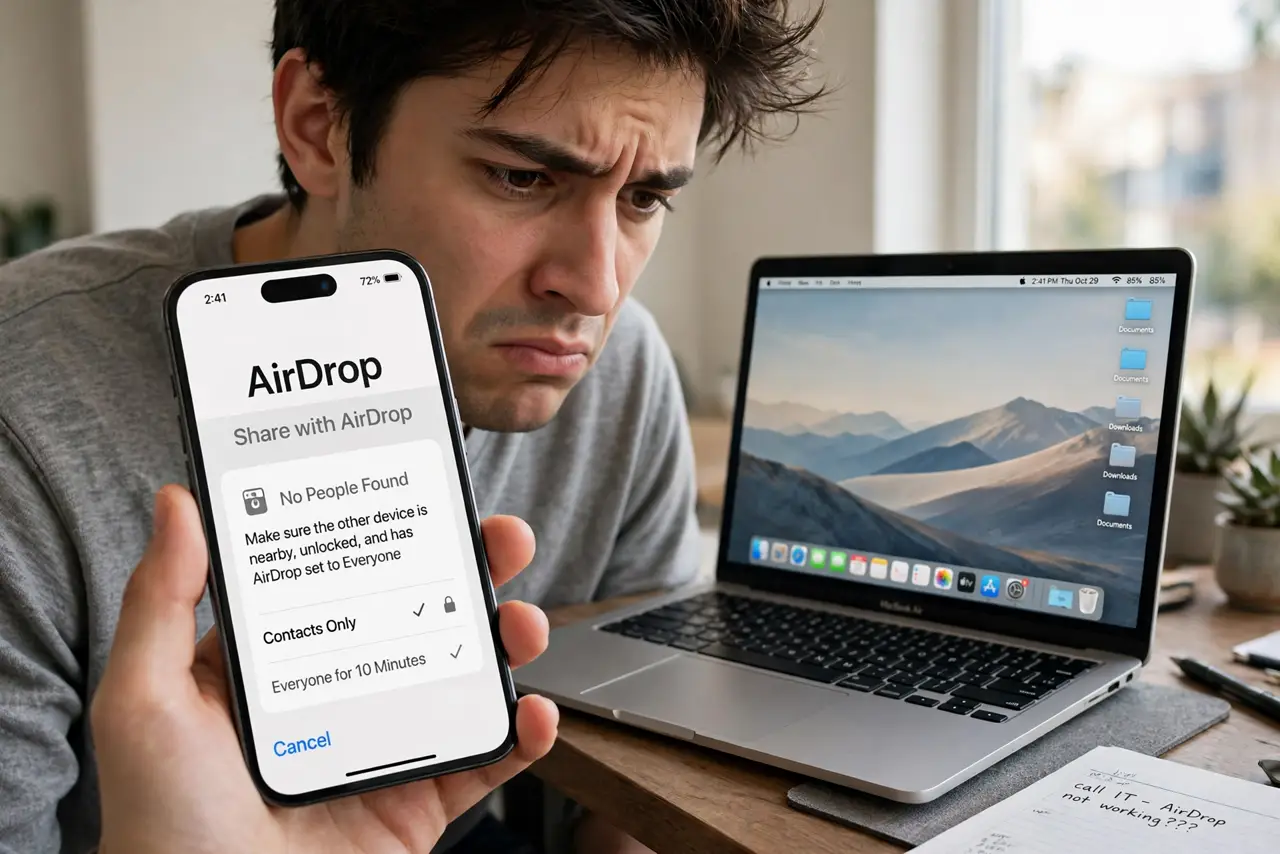 A frustrated person holding a real iPhone showing the AirDrop sharing sheet with no devices found, a real MacBook on the desk beside them, the person's face annoyed.