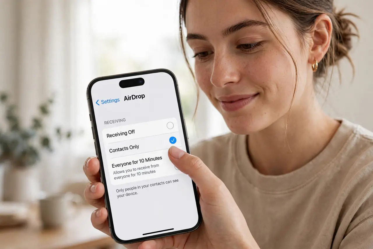 a person adjusting AirDrop receiving settings on a real iPhone showing the Contacts Only option legible, the person's face relieved, bright room. No black screen, no blank white sc.