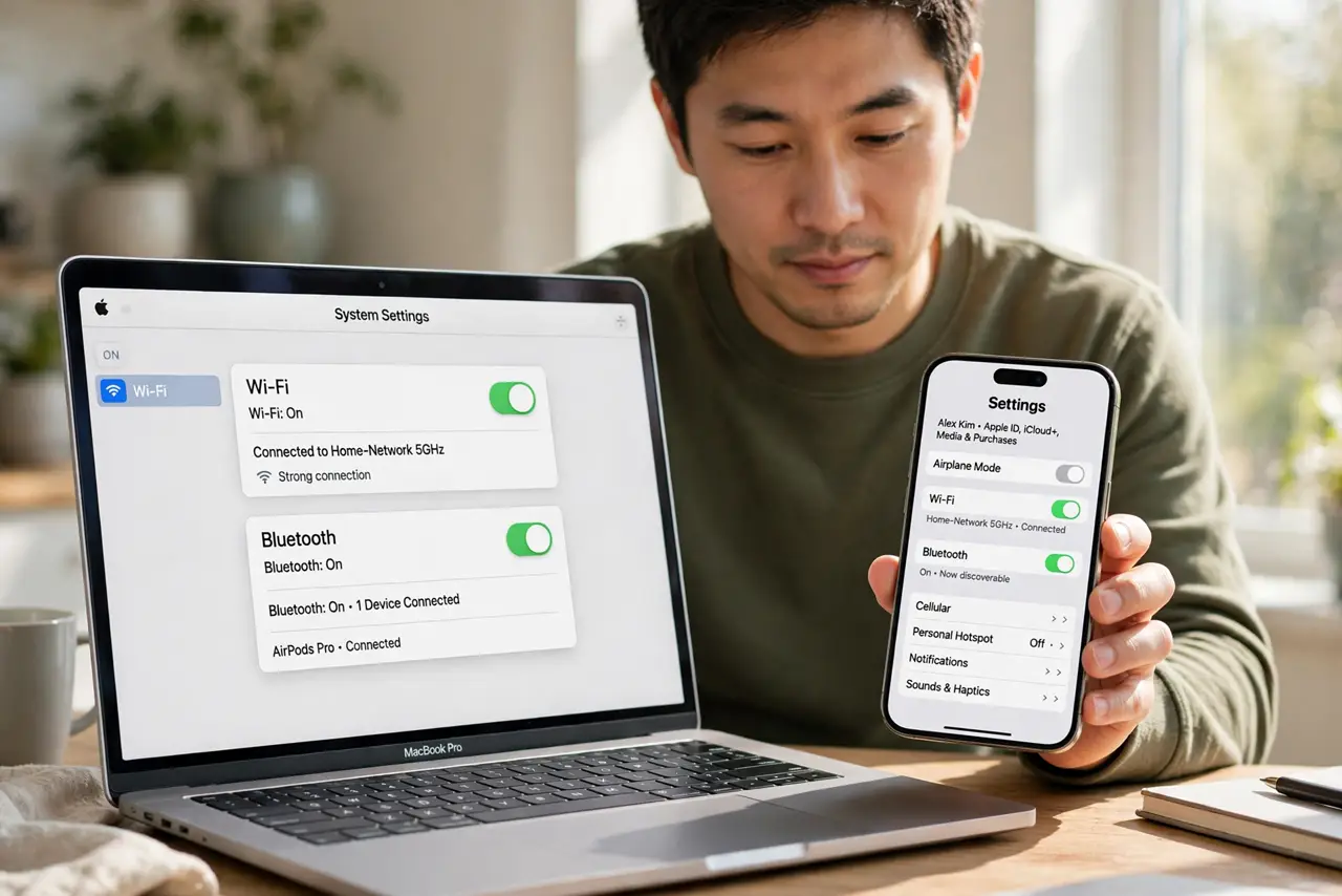 A person performing the first step: Turn Wi-Fi and Bluetooth on both devices.
