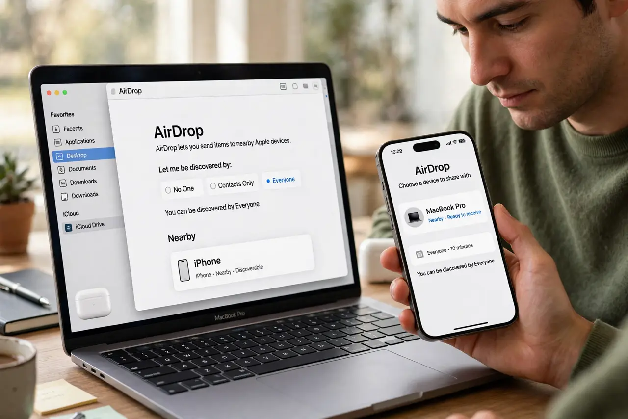 a calm adult holding a real iPhone beside a real Mac laptop at a desk, the Finder AirDrop window clearly visible and legible on the real Mac screen.