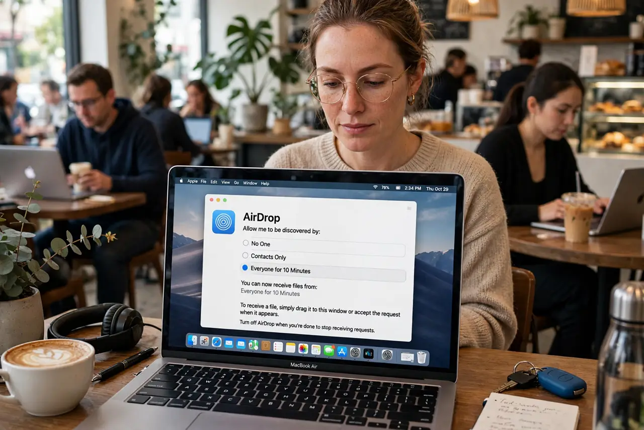 a person using a real MacBook in a busy cafe, the AirDrop receiving settings open and legible on screen, the person's face calm, other people with laptops nearby.