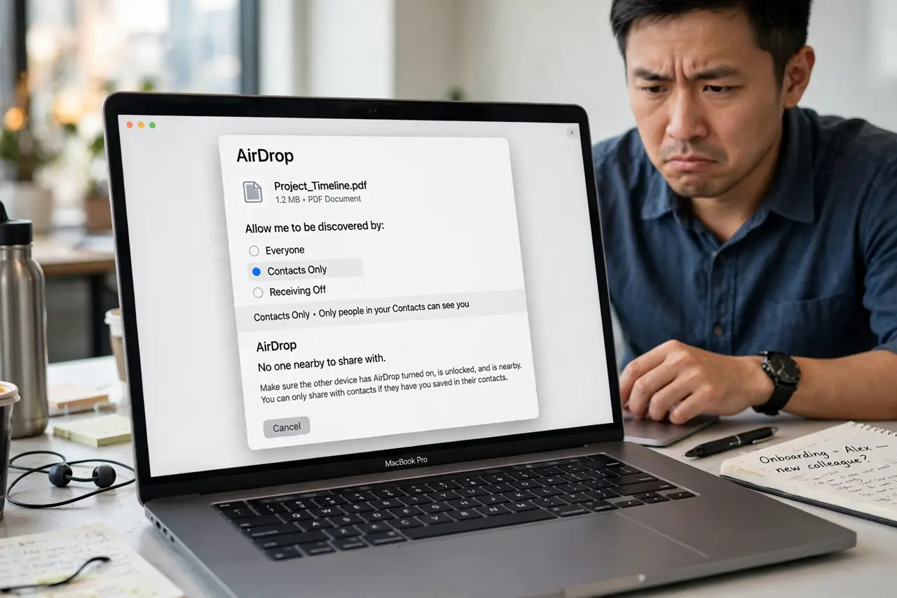 AirDrop 'Everyone' Resets After 10 Minutes — a mildly annoyed adult trying to AirDrop a file to a new colleague, the Mac showing AirDrop set back to Contac