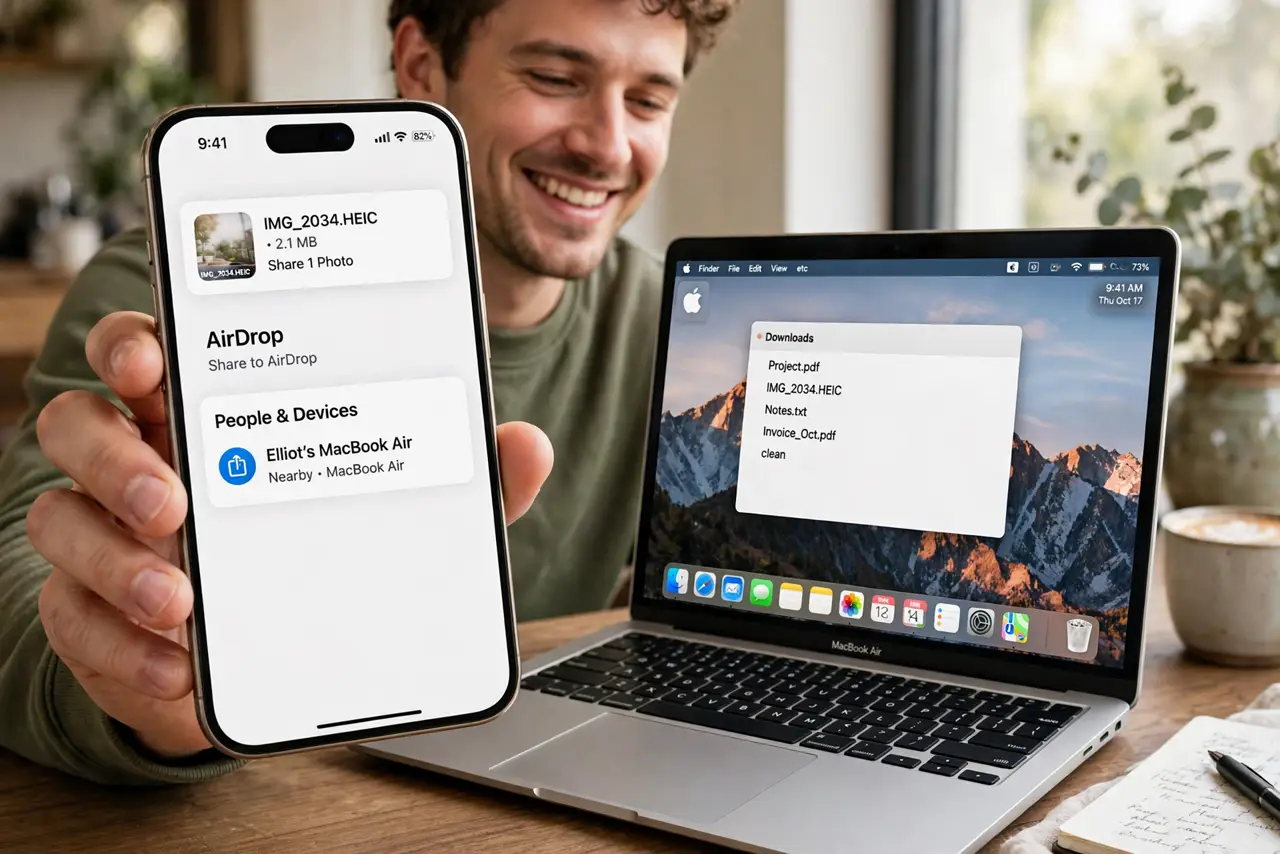 A person holding a real iPhone next to a real MacBook, the AirDrop share sheet visible on the iPhone screen with the Mac's name legible, the person's face…