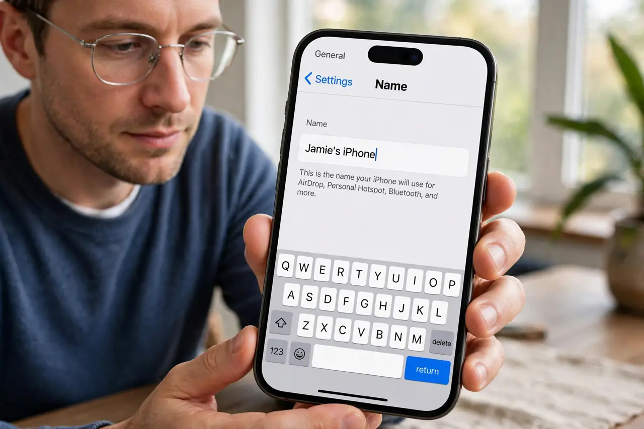 A person calmly performing the guide's first step: Change the iPhone name.