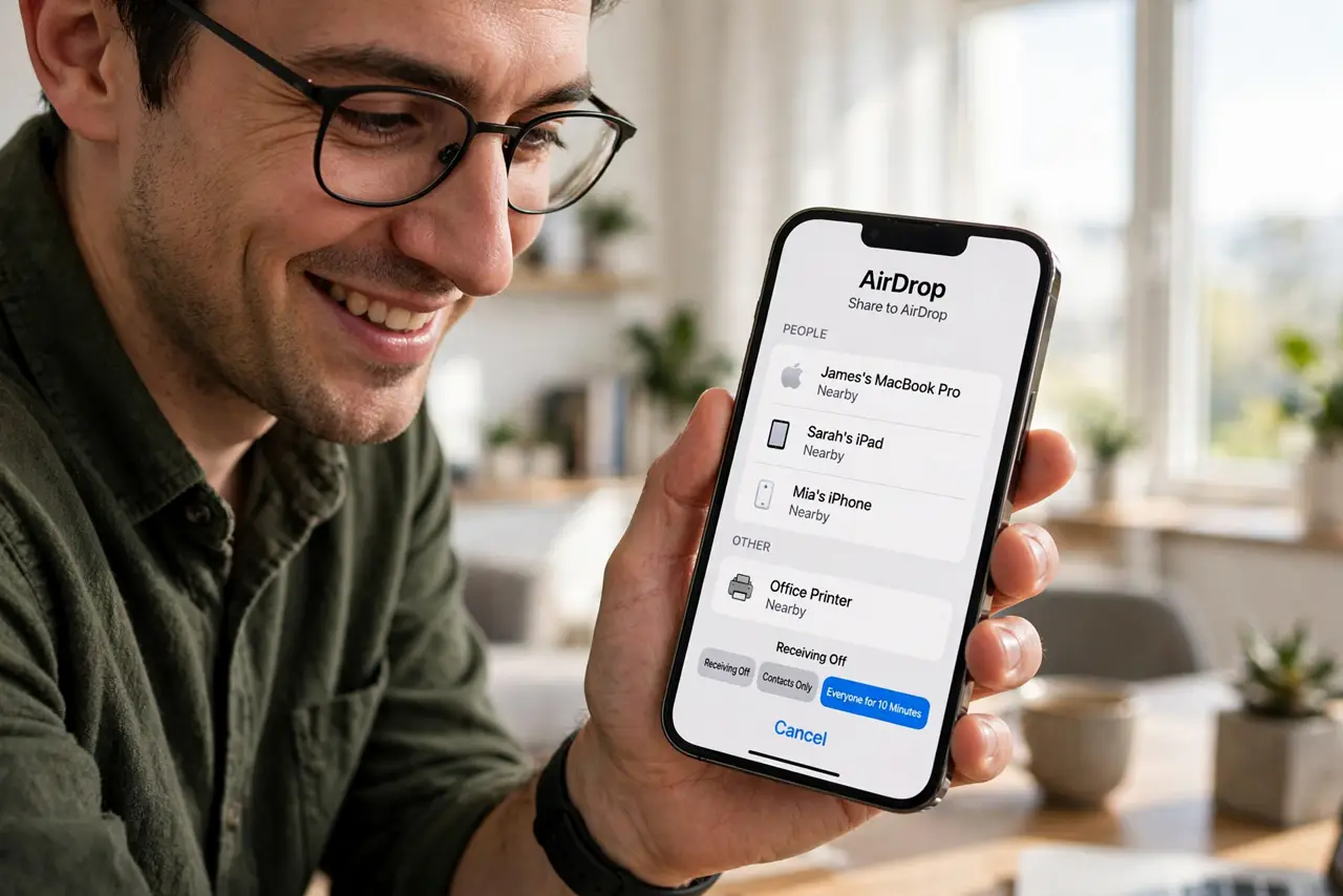 a person looking at an AirDrop share sheet on a real iPhone showing multiple legible device names, the person's face amused, bright room. No black screen, no blank white screen, no.