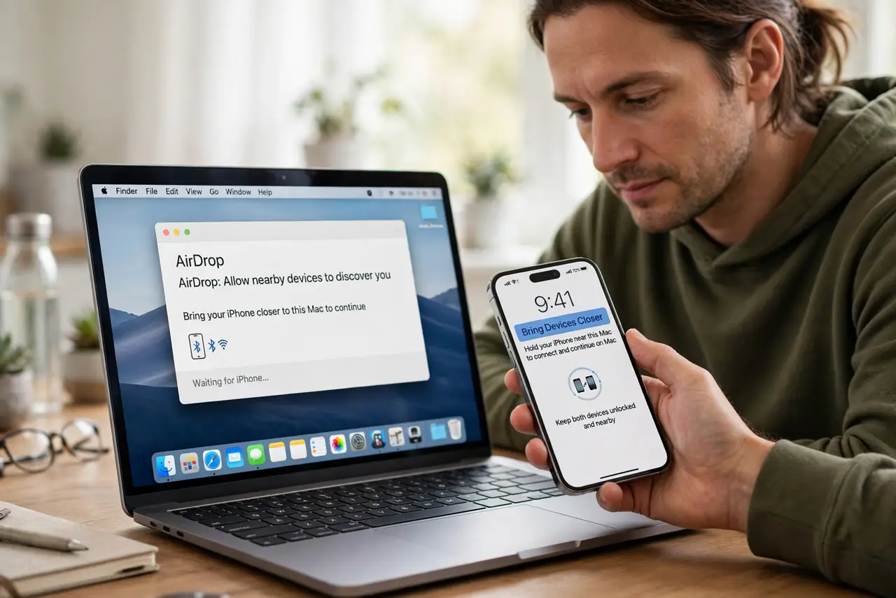 A person performing the first step: Bring the devices closer.