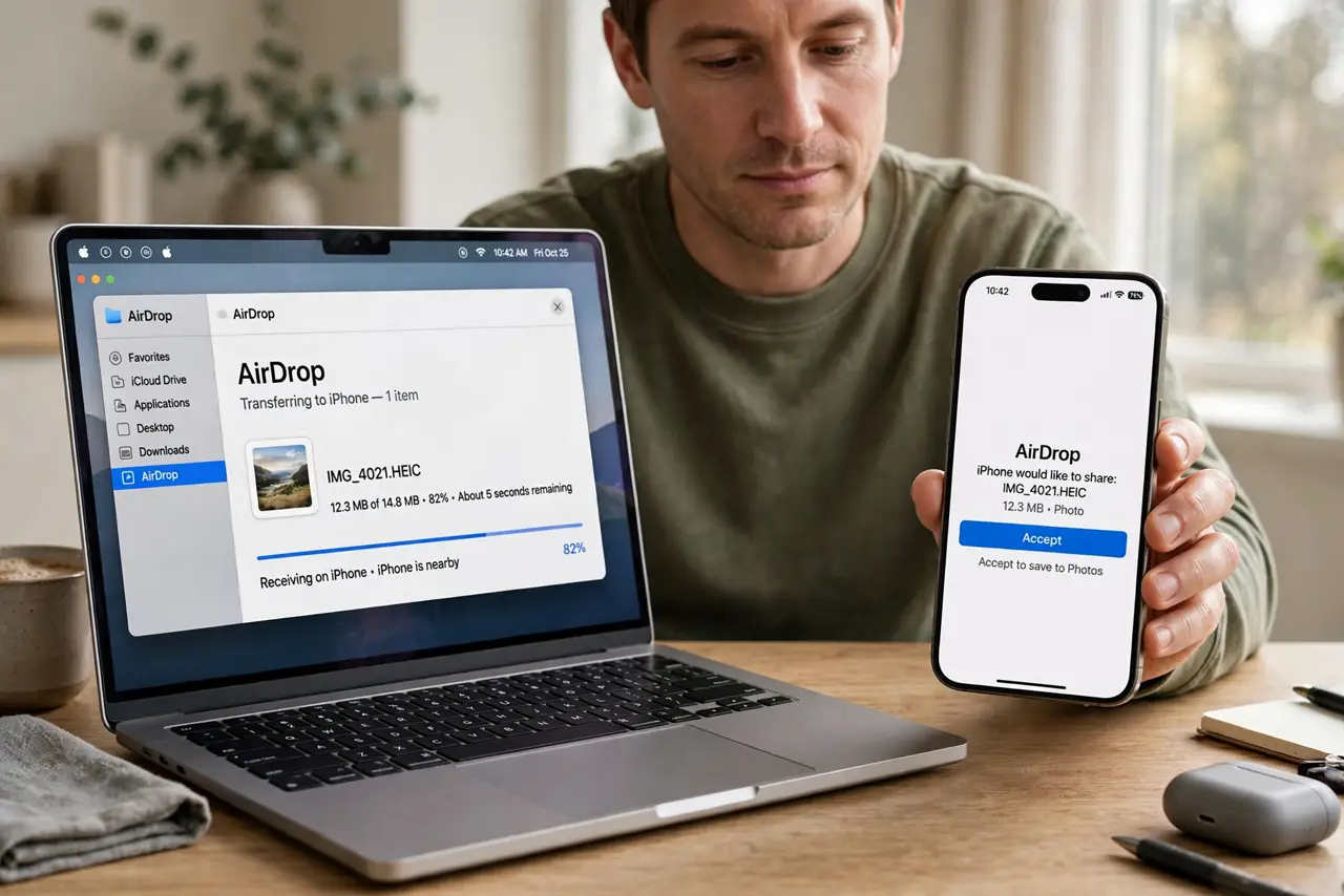 a calm adult holding a real iPhone beside a real Mac laptop at a desk, the Finder AirDrop window showing a transfer clearly visible and legible on the real Mac screen.