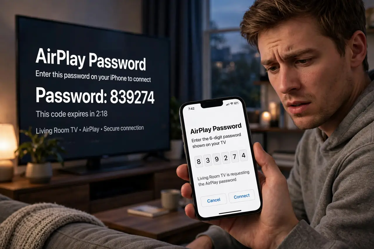 A person in a living room holding a real iPhone, a real TV showing an AirPlay password prompt on screen fully legible, the person's face puzzled, evening.