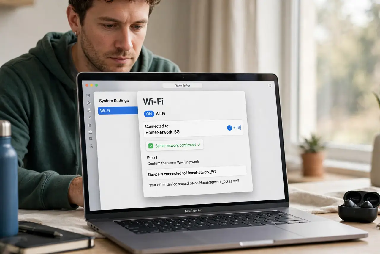 A person performing the first step: Confirm the same Wi-Fi network.