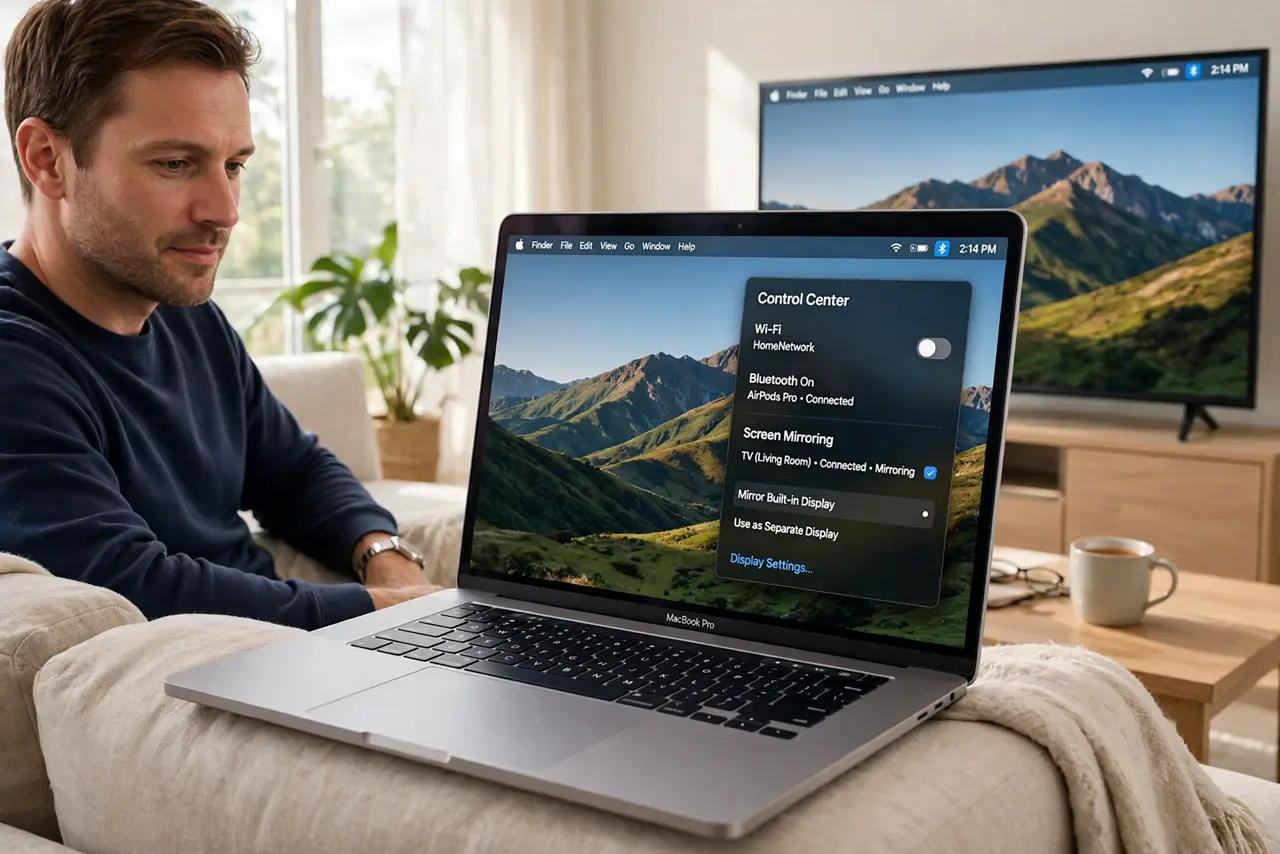 a calm adult on a sofa with a real Mac laptop, a real TV showing a mirrored Mac screen clearly in the background, the macOS Control Center Screen Mirroring panel legible on the real Mac screen.