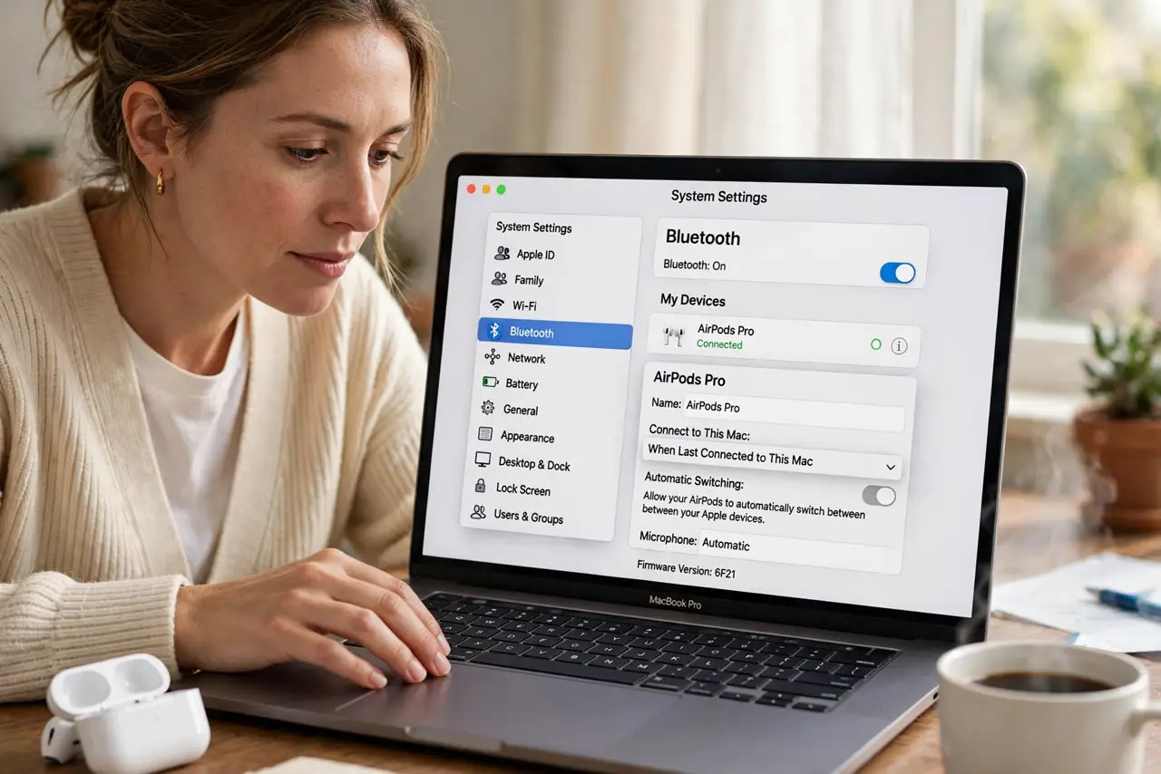 A person performing step 1 of the guide: Change the Mac's auto-connect setting. In System Settings > Bluetooth, open your AirPods' settings and set 'Connect to This Mac' to 'When...