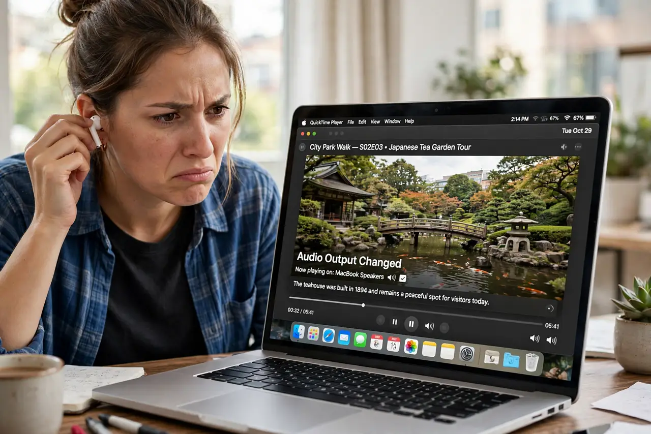 an annoyed adult wearing real AirPods, pulling one out while looking at a Mac playing a video with fully legible text, the audio having just switched away.
