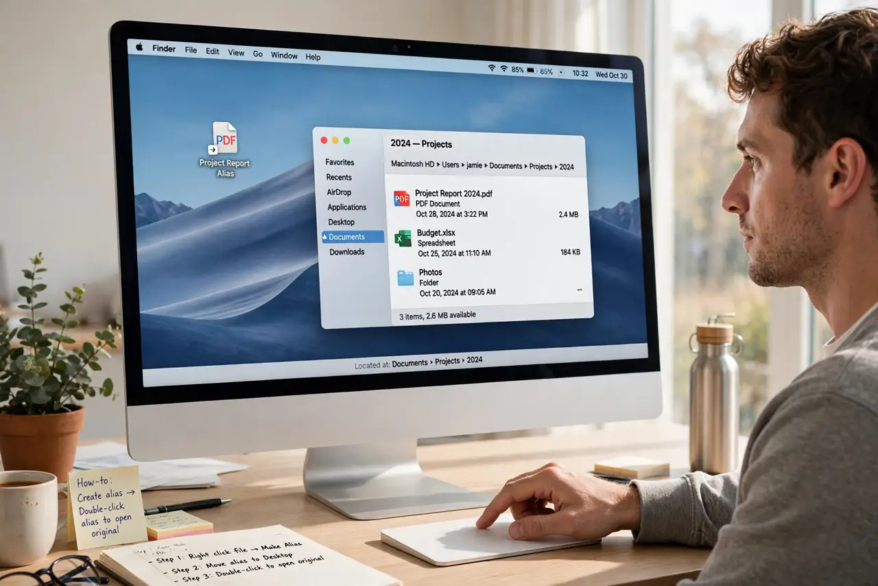 a person double-clicking a real alias icon on a real Mac desktop, a Finder window showing the original file's location with legible text, the person's face e...