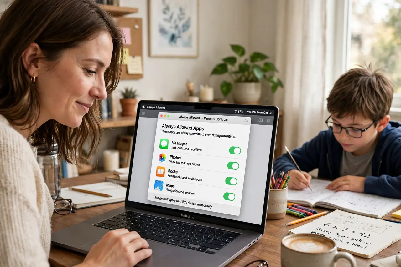 A woman reviewing the Always Allowed app list on a MacBook with app icons legible, a child doing homework nearby, her face relieved, home office.
