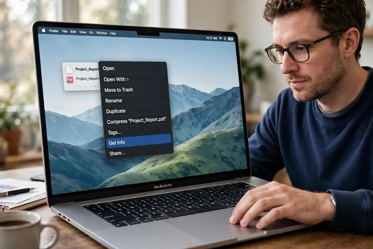 A person calmly performing the guide's first step: Right-click and Get Info.