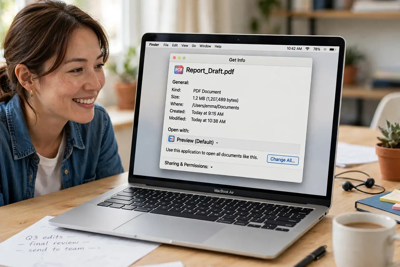 a person at a real Mac showing the Get Info window with the 'Open with' section expanded and legible, the person's face satisfied, bright desk. No black screen, no blank white scre.