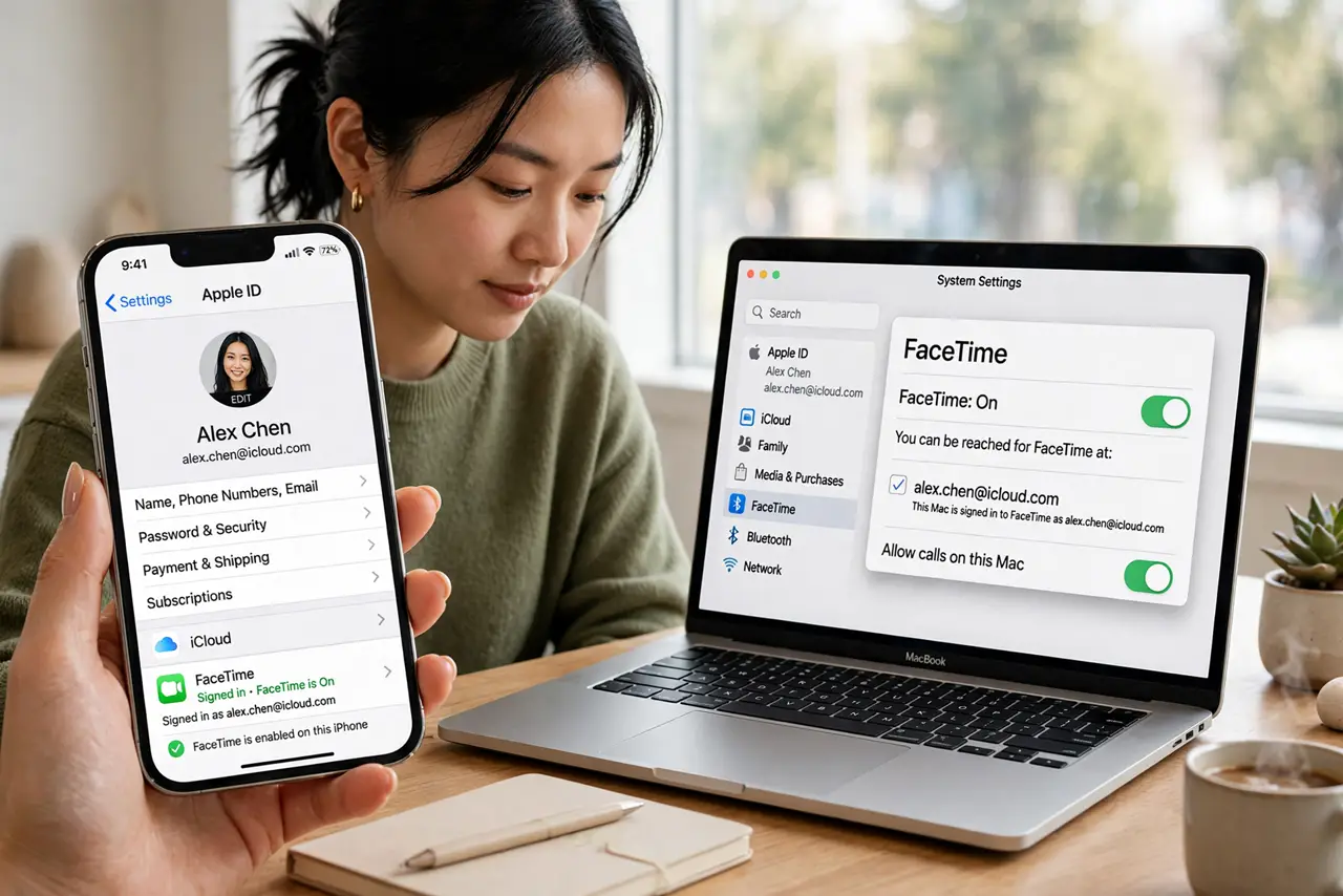 A person performing step 1: Check the same Apple ID everywhere.