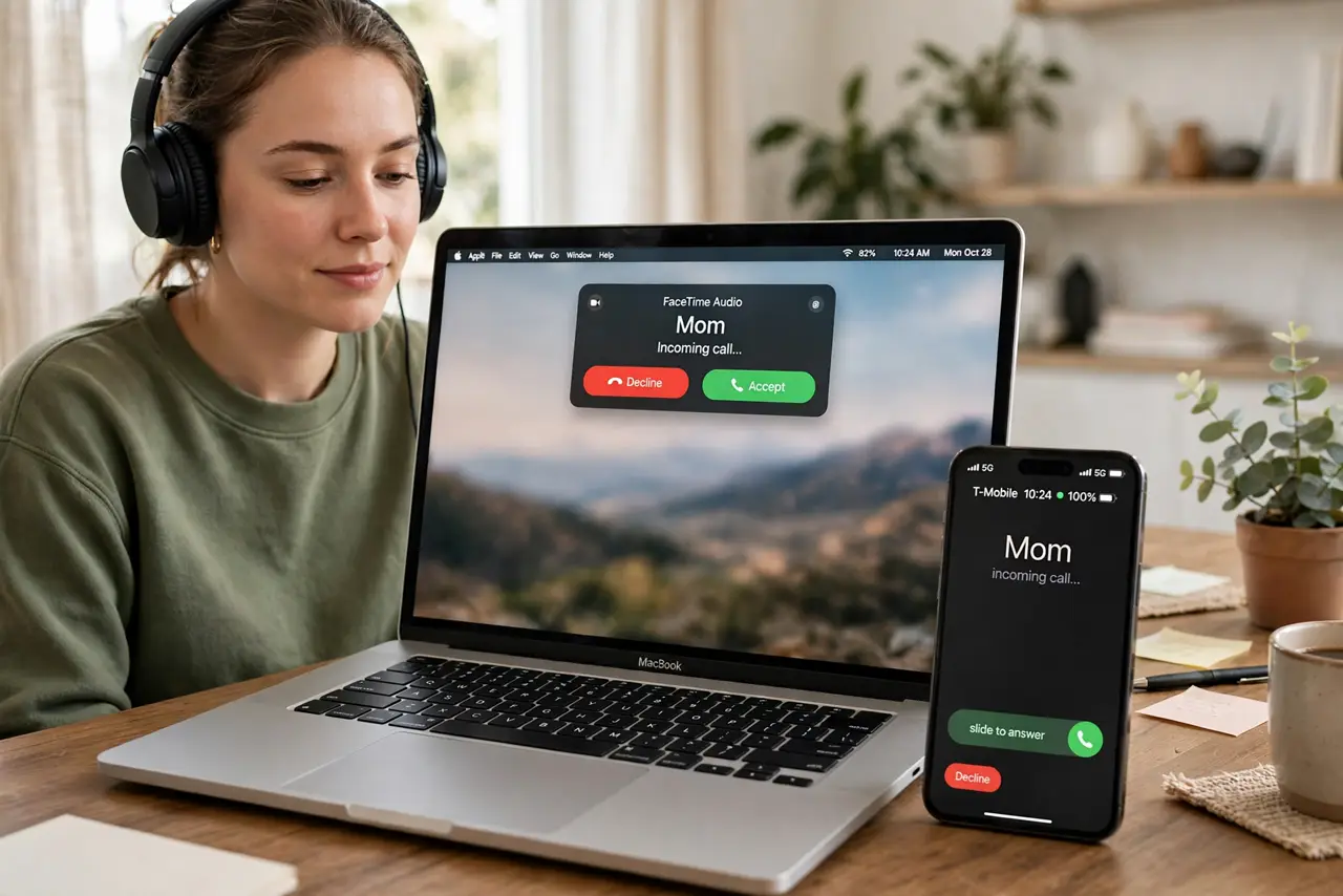 A person wearing headphones answering a call on a real MacBook showing the incoming call banner fully legible, a real iPhone ringing on the desk nearby, the person's face calm.