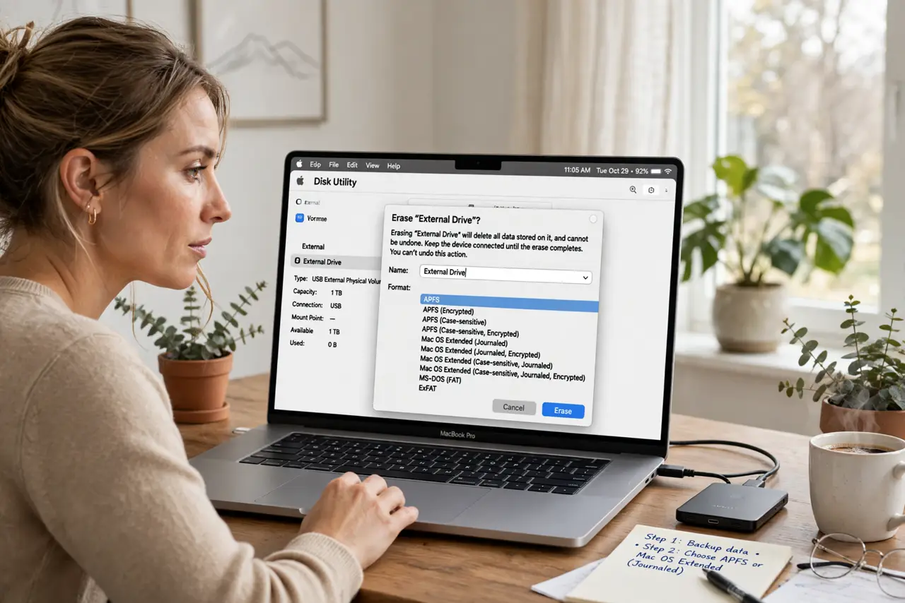a person looking at a real Mac screen showing Disk Utility's format options with legible APFS and Mac OS Extended entries, an external drive connected, the p...