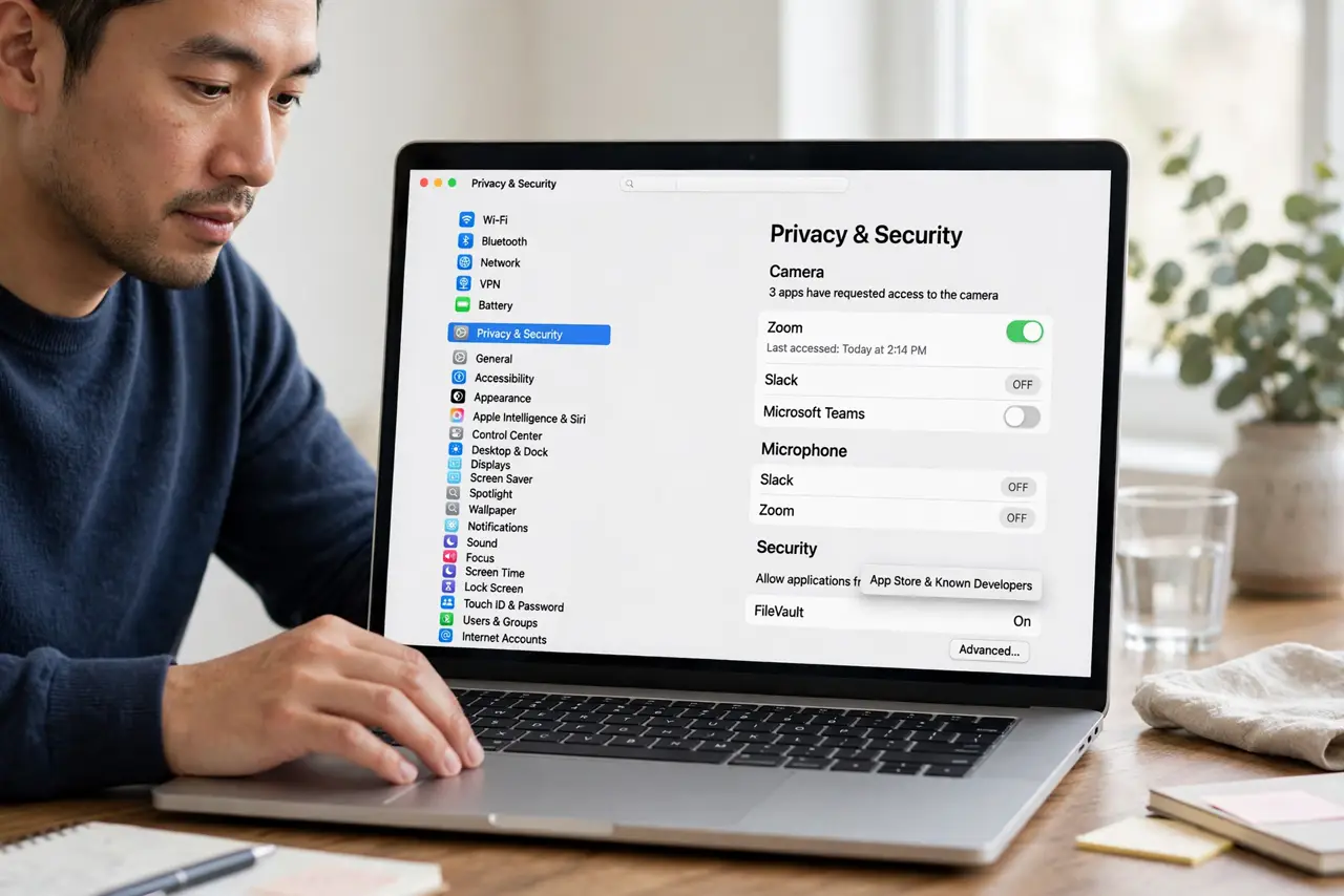 a calm adult at a desk with a real Mac laptop open, Privacy and Security settings visible on the real screen complete and legible, the person granting permission carefully.