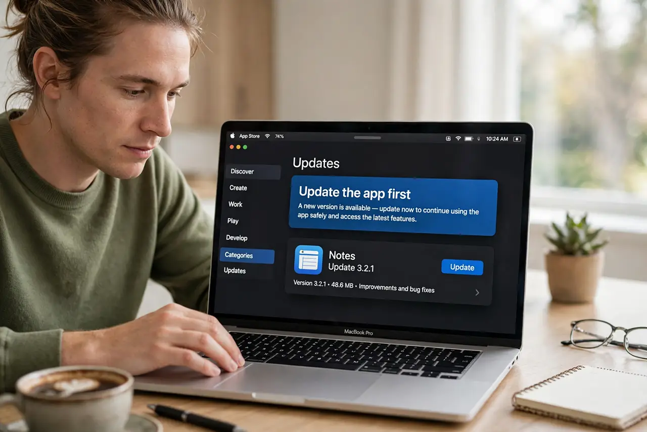 A person performing the first step: Update the app first.