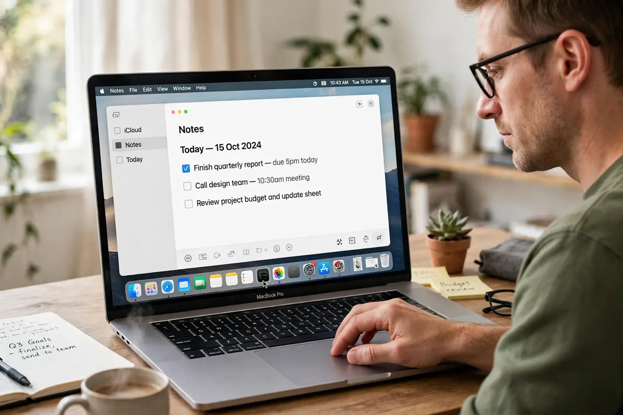 a focused adult at a desk with a real Mac laptop open, an app window visible on the real screen complete and legible, the person reopening the app calmly.