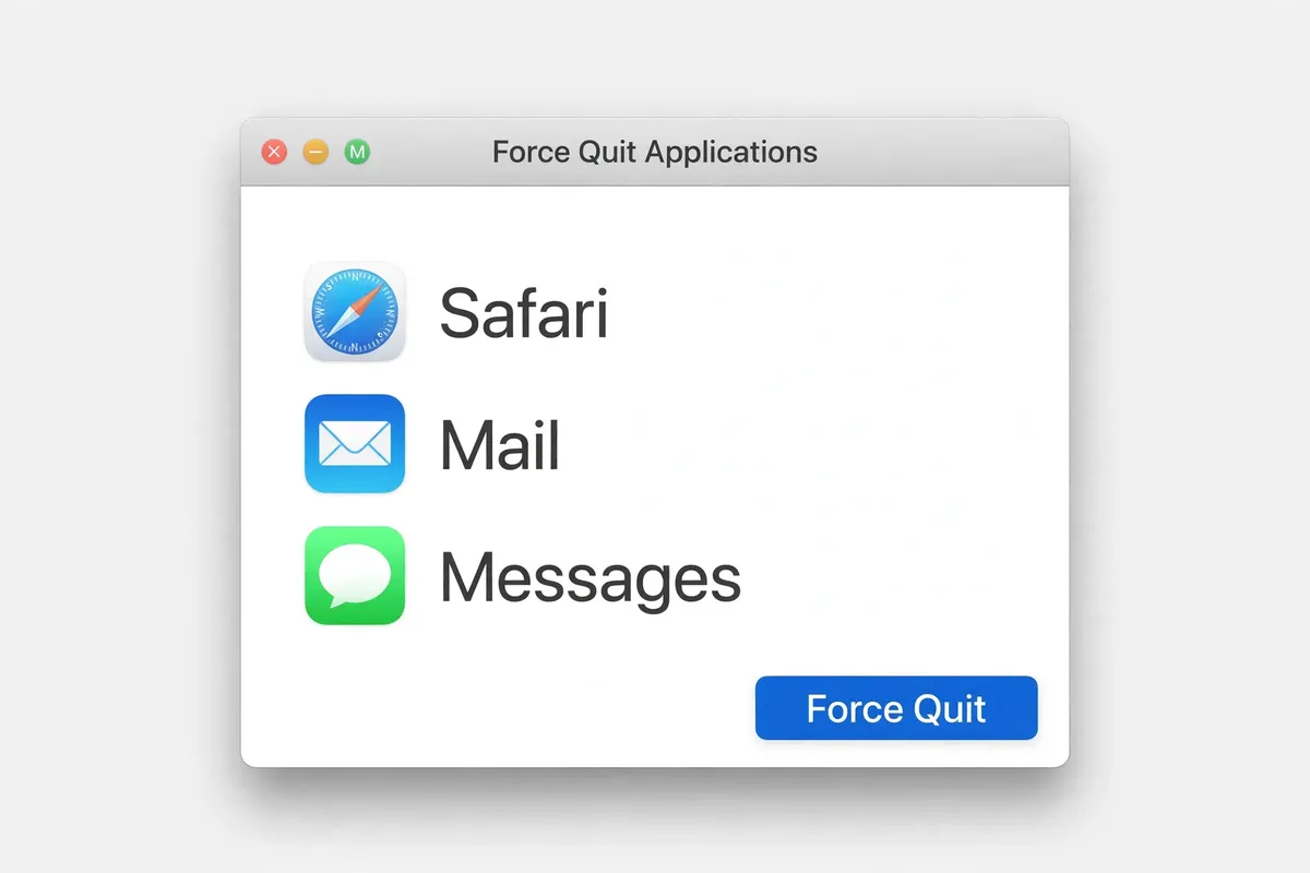 Recreation of the macOS Force Quit Applications window listing Safari, Mail and Messages, with a Force Quit button.