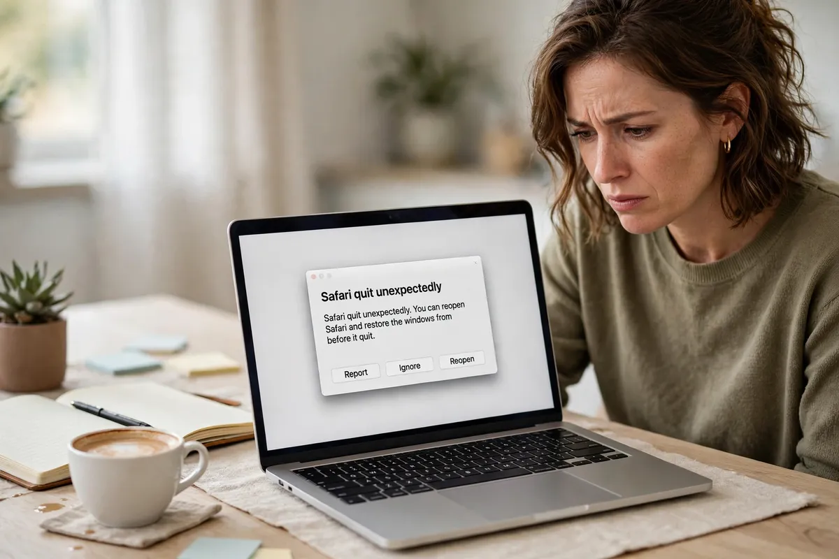A woman looking at a MacBook on a bright desk, its screen showing a macOS dialog that Safari quit unexpectedly, with Report, Ignore and Reopen buttons.