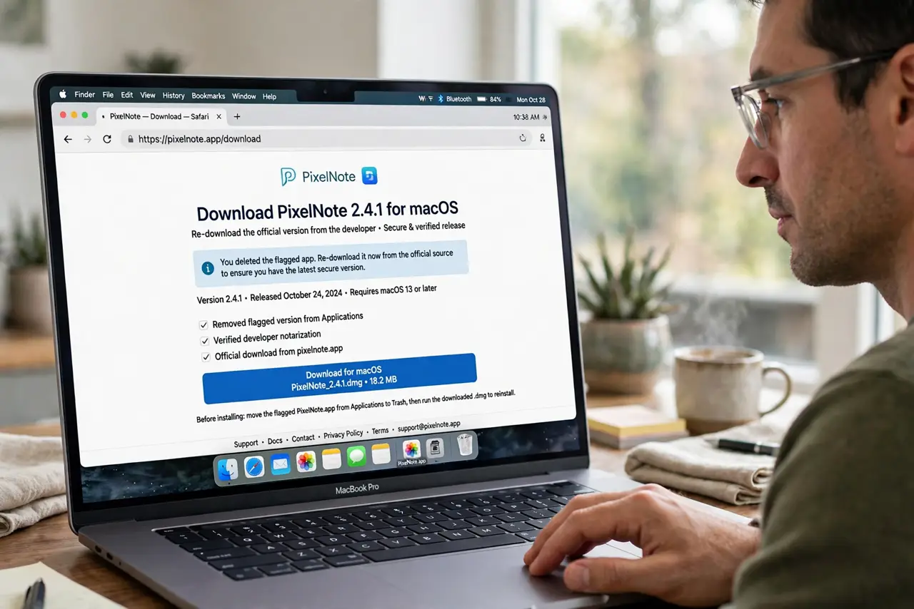 A person performing step 1 of the guide: Re-download from the official source. Delete the flagged app and download it again from the developer's website or the App Store. Interru...