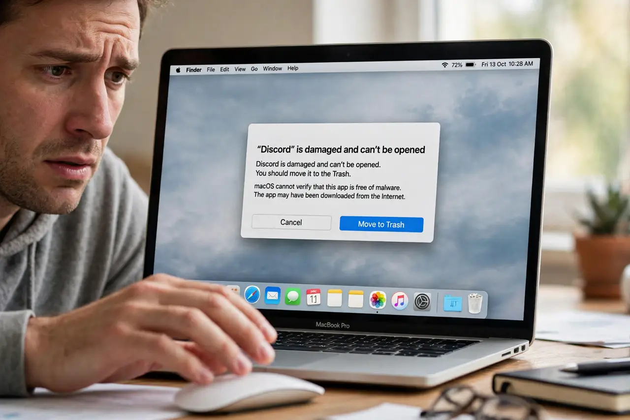 a worried adult looking at a real Mac showing the 'app is damaged' dialog with fully legible text, the person's hand hovering over the mouse uncertainly.