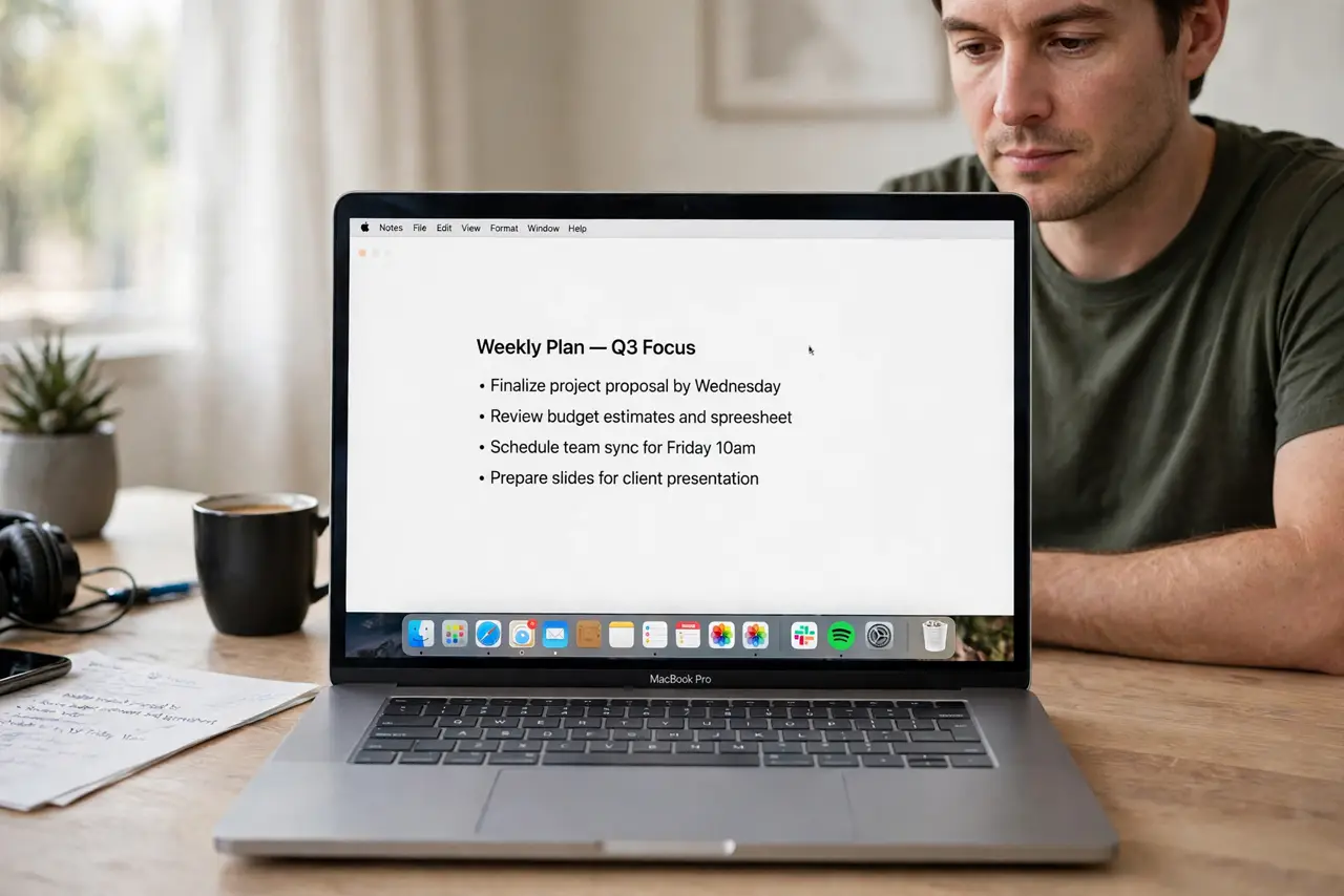 a calm adult at a desk with a real Mac laptop, the macOS Dock with app icons clearly visible on the real Mac screen.