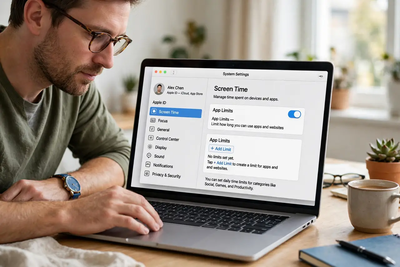 A person carrying out step one: open app limits in screen time.