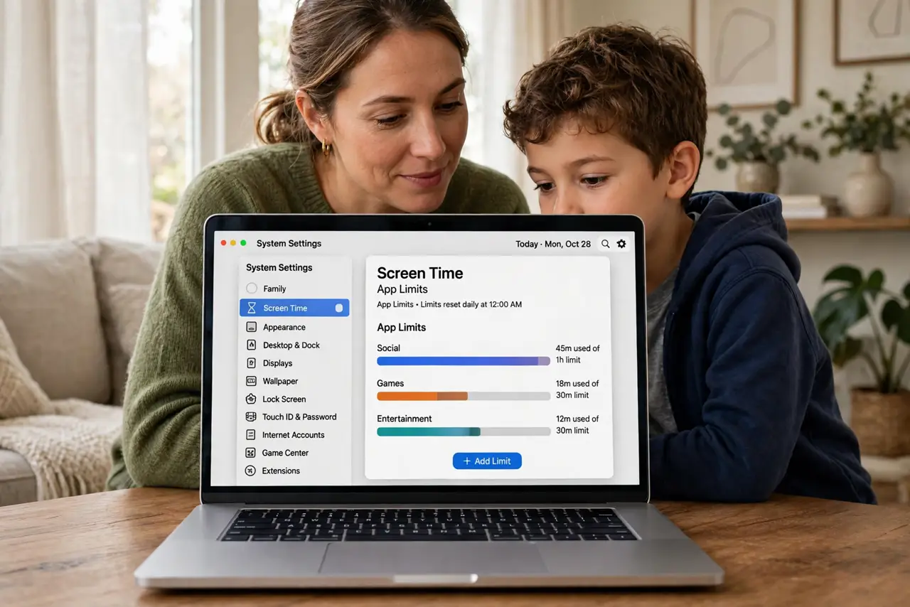 A parent and child looking at a MacBook showing Screen Time app limits with legible bars, the parent's face calm and guiding, living room.