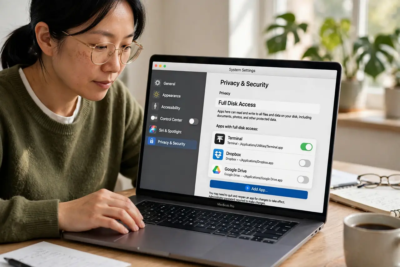 Step 1 in action for Give an App Full Disk Access on Mac: Open the Full Disk Access pane.