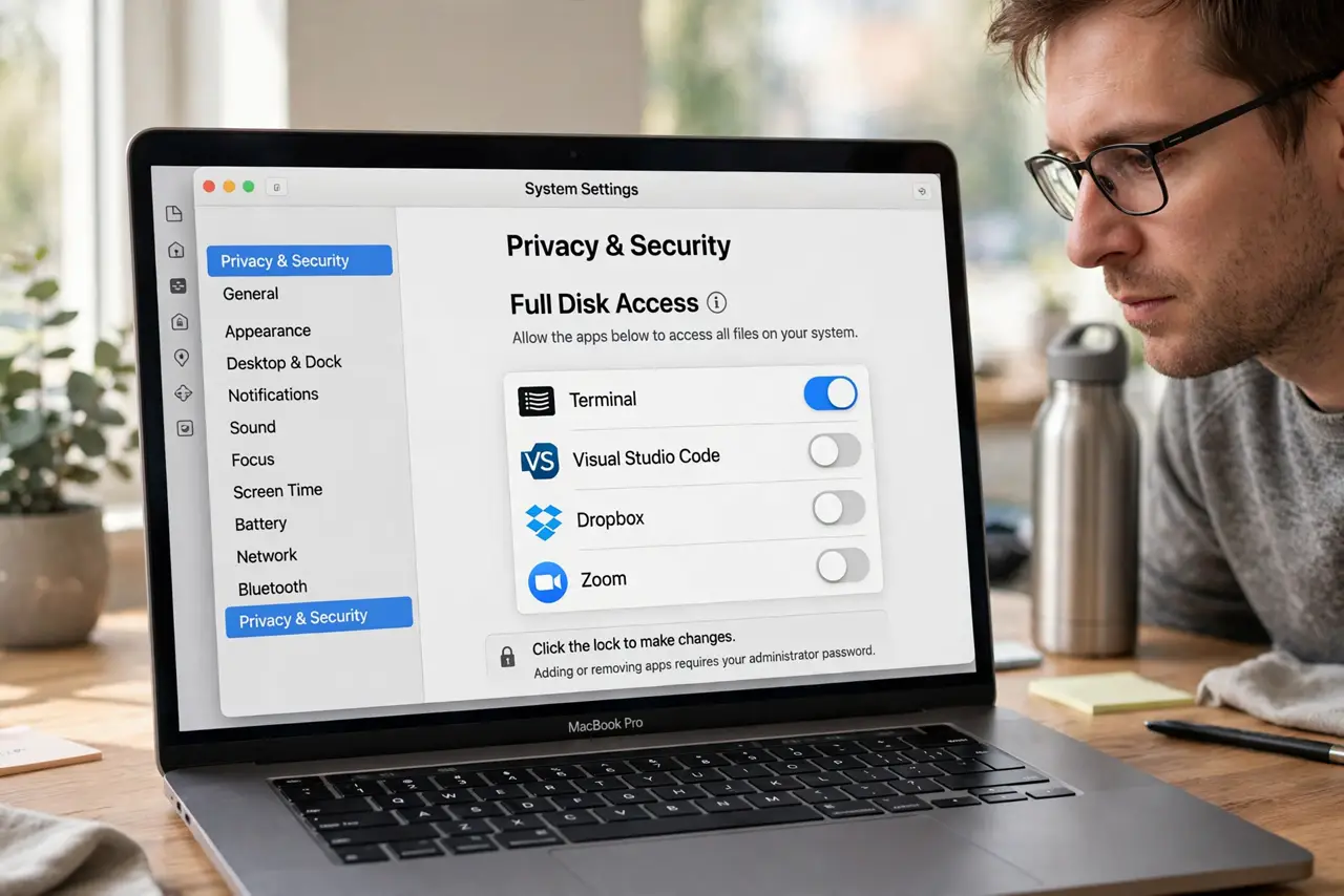 Give an App Full Disk Access on Mac — a careful adult looking at the Mac privacy settings showing Full Disk Access with fully legible app text, the