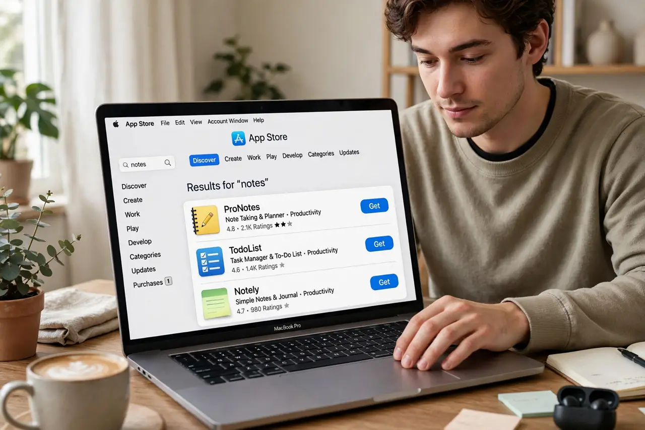 Photoreal photo of a person performing the first step: Search and install. Open the App Store, search for the app, and click Get or the price. Installation is automatic — no installers, no drag-and-drop. U...