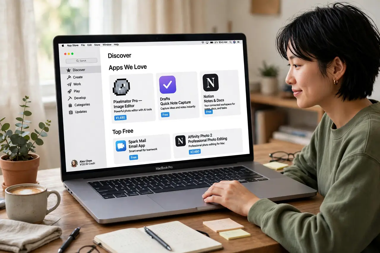 Photoreal photo: a person browsing the real Mac App Store on a Mac screen showing app listings with legible titles, the person's face relaxed and browsing, home desk. No black screen, no blank white screen, no fake or ga