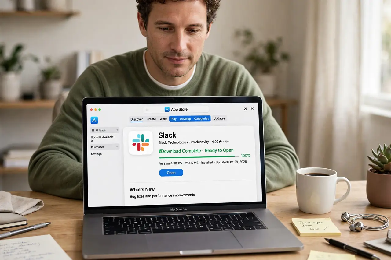 a calm adult at a desk with a real Mac laptop open, App Store visible on the real screen with a download progress display complete and legible, the person waiting patiently.