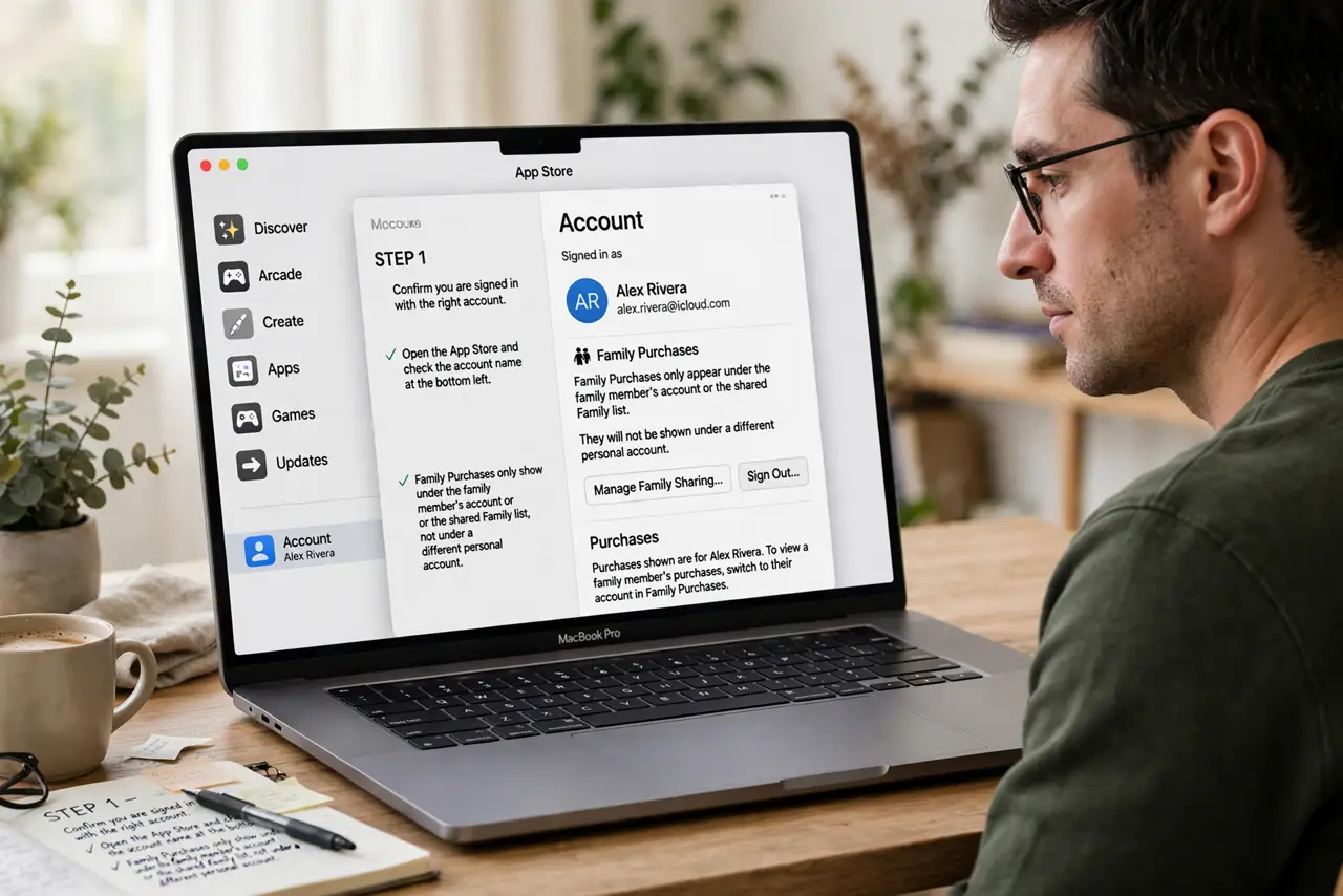 A Family Purchase Is Hidden in the App Store — step 1 being performed on the device.