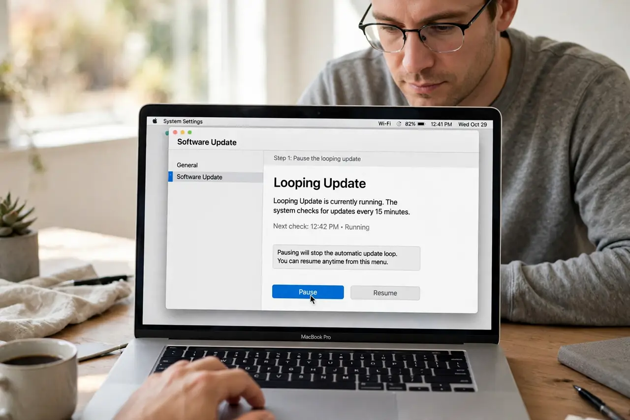 A person performing the first step: Pause the looping update.
