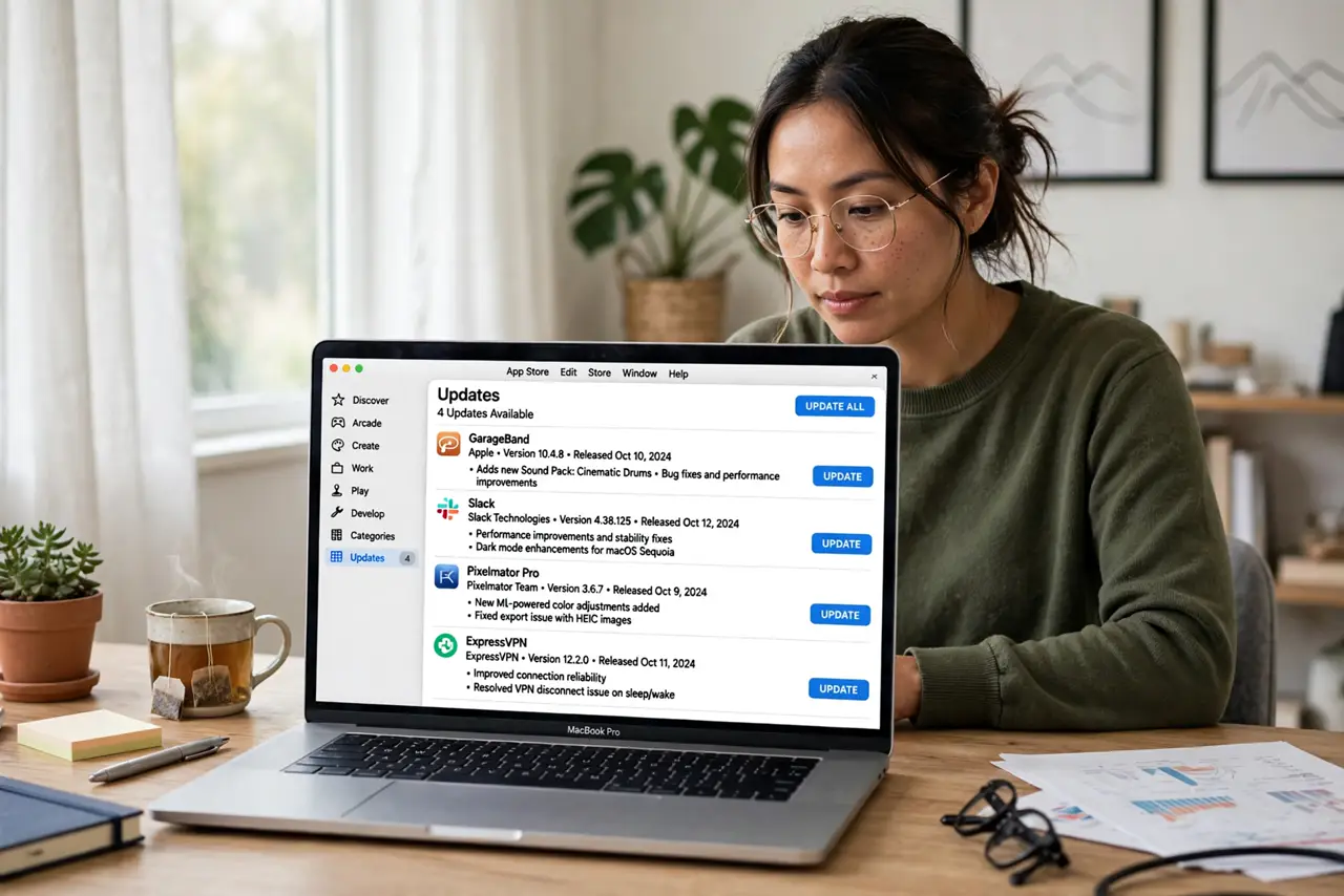 a focused adult at a desk with a real Mac laptop open, App Store updates visible on the real screen with an update list complete and legible, the person checking an update calmly.