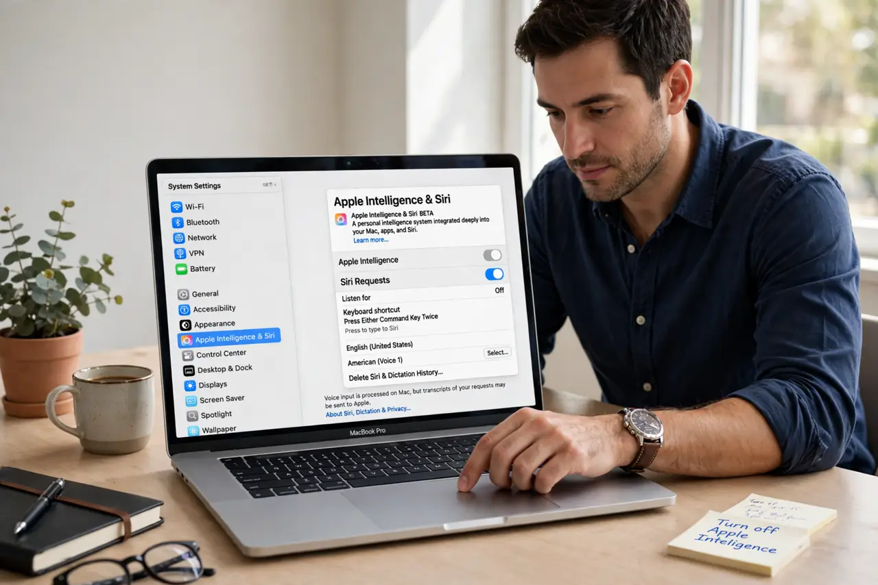 a person toggling off Apple Intelligence in real Mac System Settings, the switch moving to off, the person's face calm and decisive, bright desk.