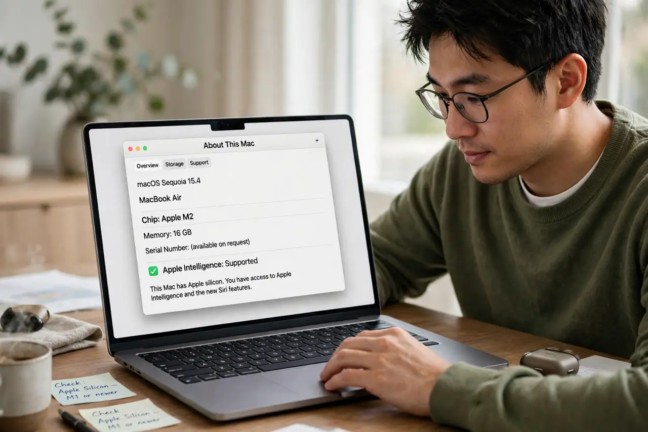 A person performing the first step of the guide: Check your Mac supports Apple Intelligence.