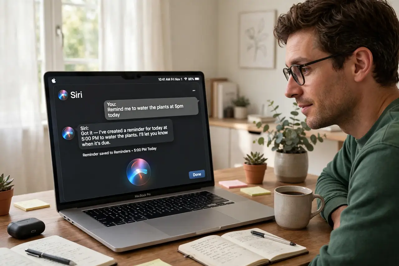 a person using a real MacBook at a desk, the Siri interface glowing on screen with a legible conversation, the person's face curious and engaged, bright home office.