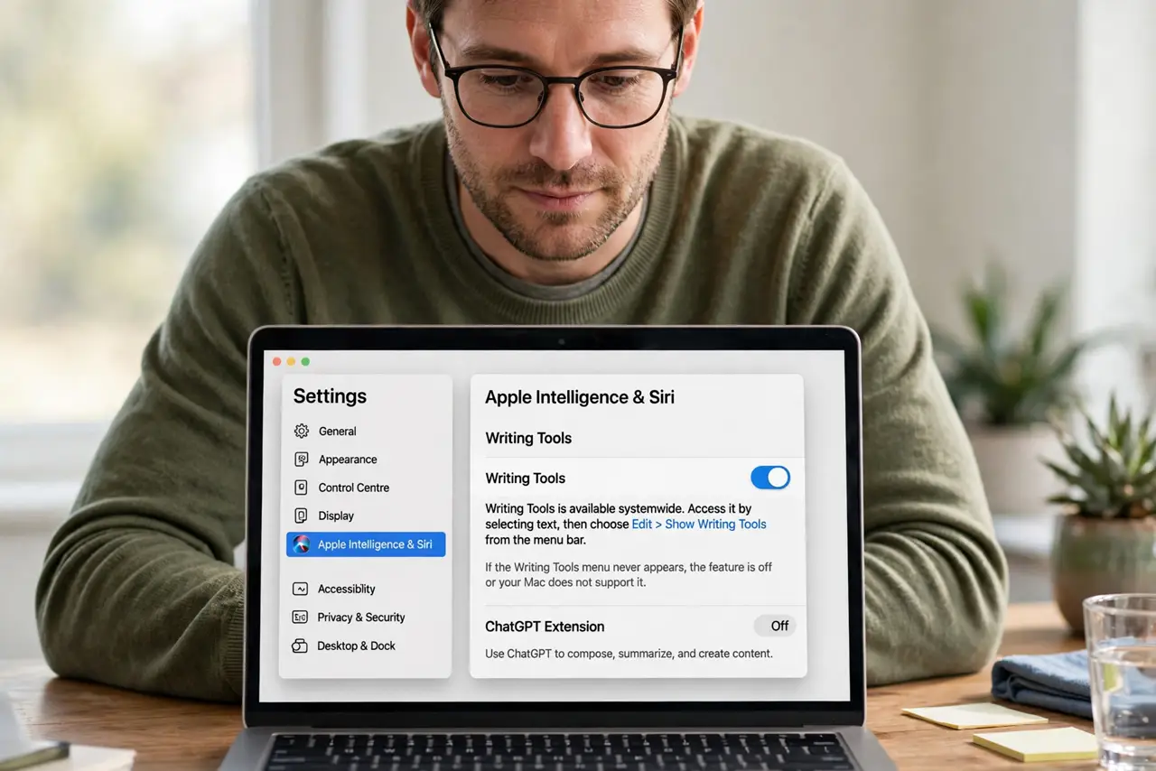 A person performing the first step of the guide: Check Writing Tools is available.